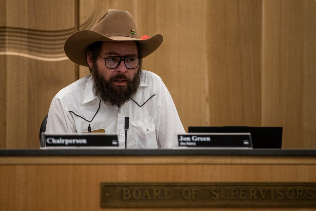Supervisor, Jon Green, questions public attendees in a Johnson County Board of Supervisors meeting on Wednesday, Feb. 4 2026. The Johnson County Board of Supervisors meets twice a week at the Heath and Human Services Building on Dubuque Street in Iowa City. Green was elected in 2021.