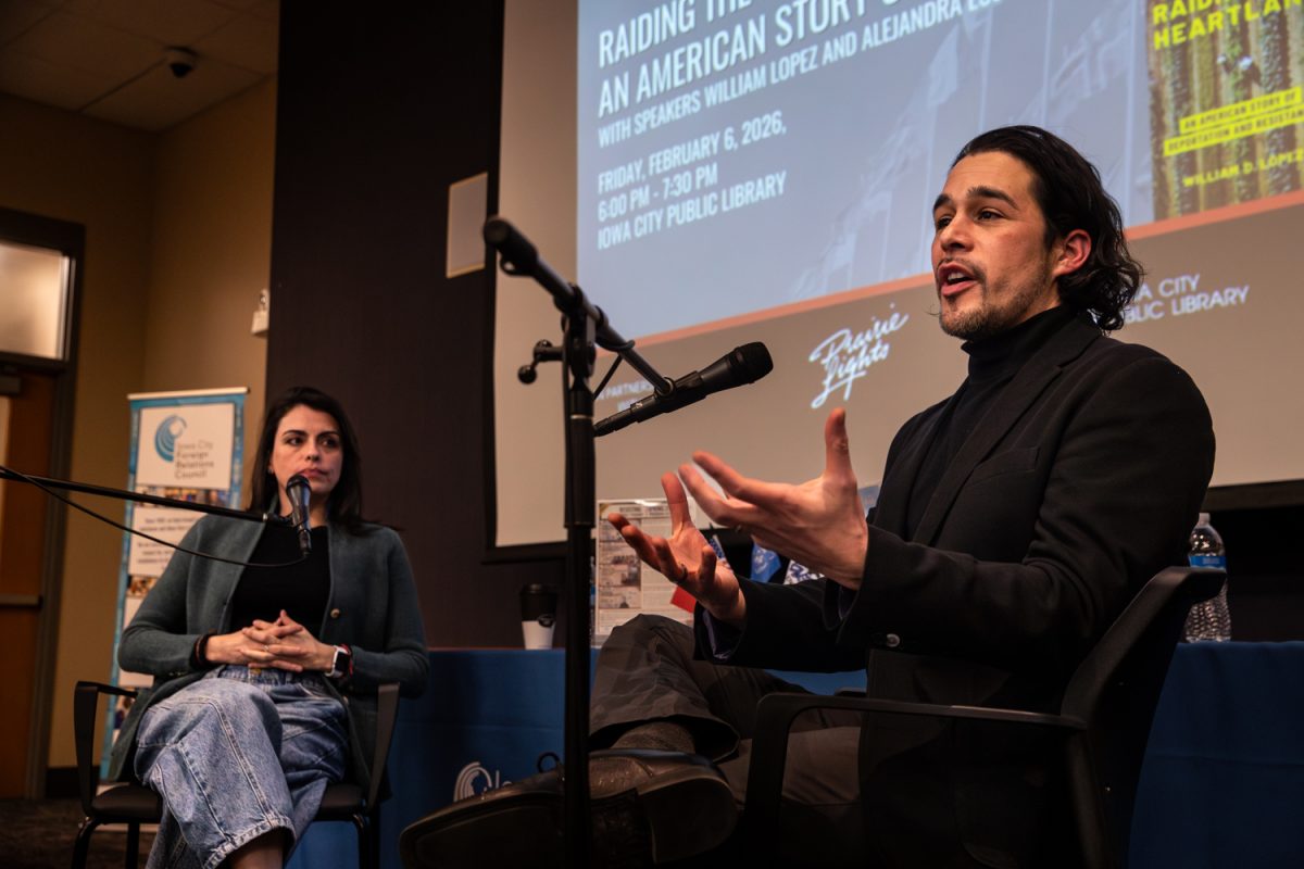 William Lopez speaks to the crowd during an author visit &amp; QnA with Alejandra Escobar at the Iowa City Public Library in Iowa City on Friday, Feb. 6, 2026. Before fielding questions, the two discussed personal experience and Lopez’s book “Raiding the Heartland: An American Story of Deportation and Resistance”. (Ethan McLaughlin/The Daily Iowan)