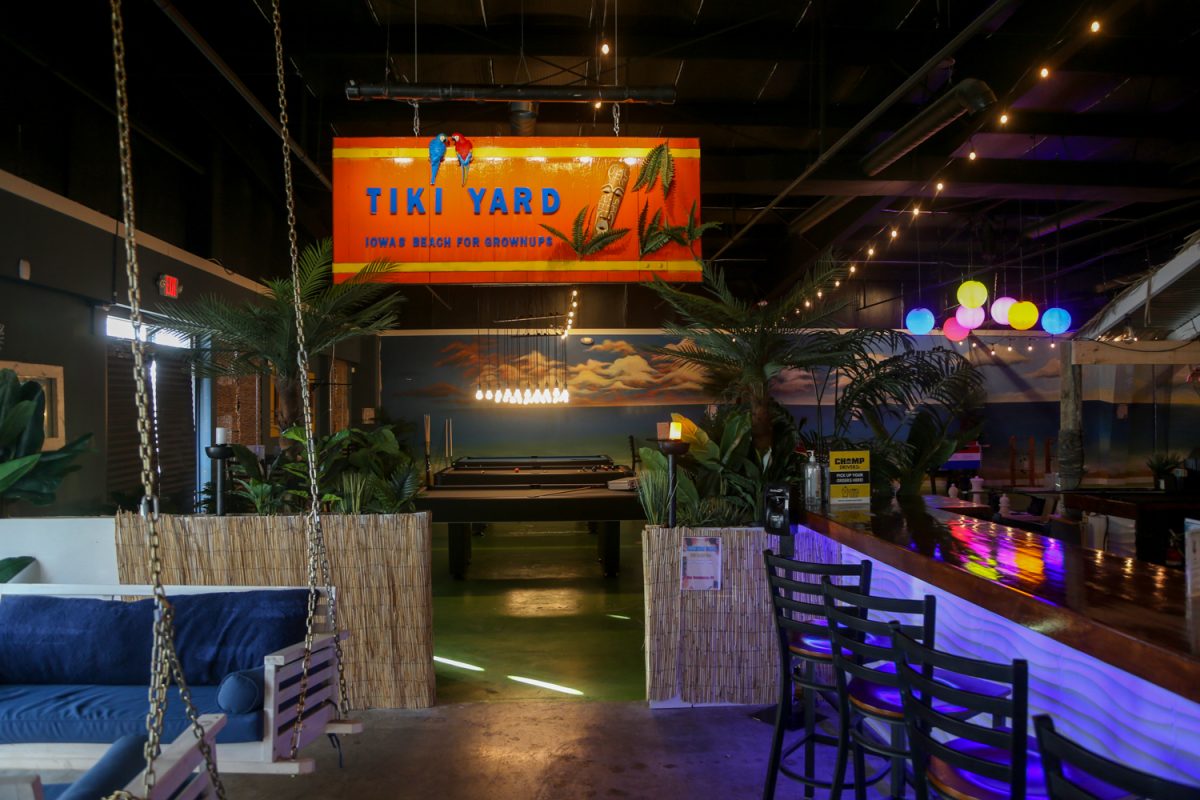 The Entrance to Tavern Blue's new tiki themed bar is seen on Feb. 8, 2026. The area includes games such as chess, pool, mini golf, and table soccer, sporting a clean beach themed look.