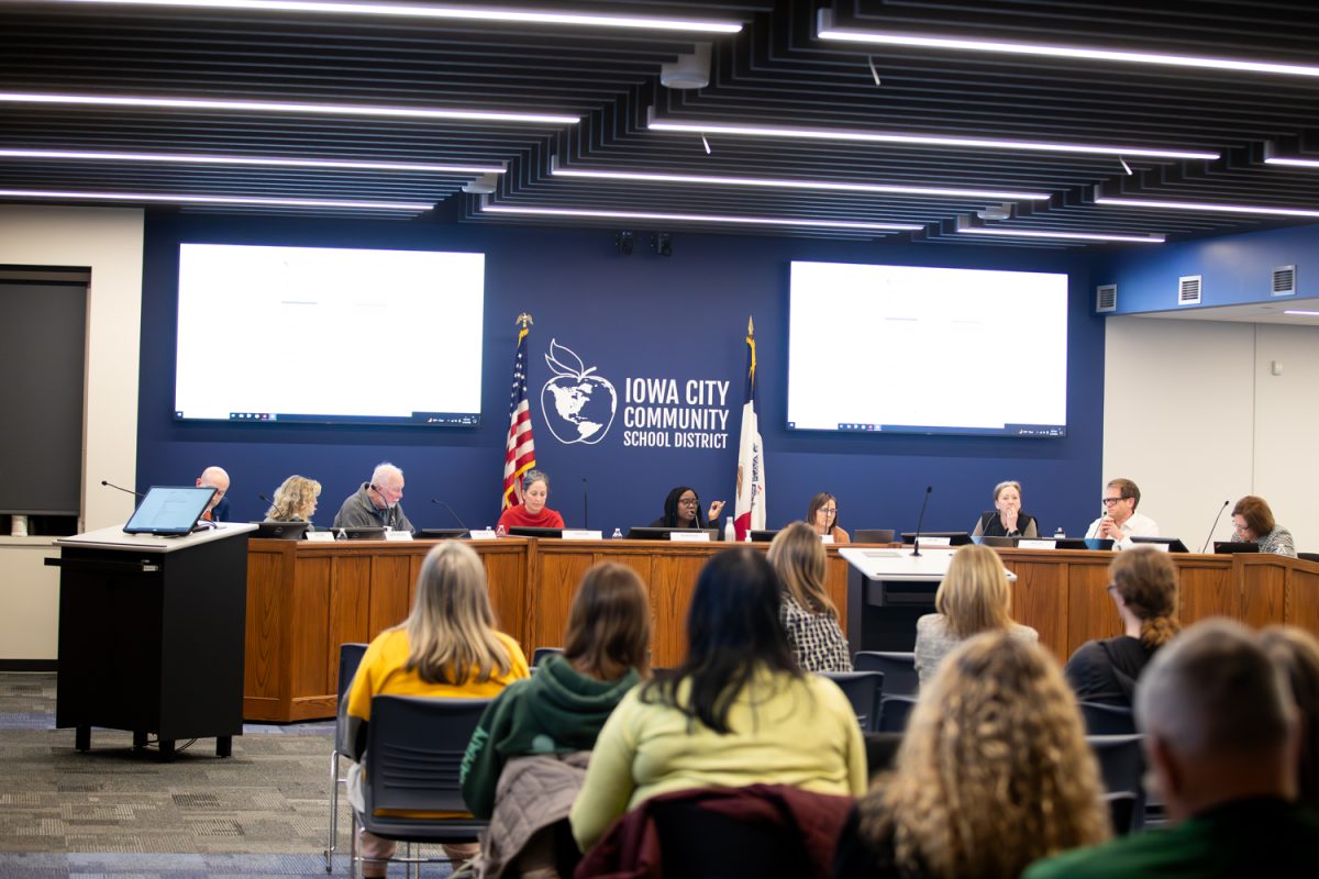 The Iowa City School Board holds their meeting in Iowa City on Tuesday, Feb. 10 2026. The board, and the district as a whole, have come under fire due to a recently discovered interfund transfer of $10 million. (Patrick Murphy/The Daily Iowan)