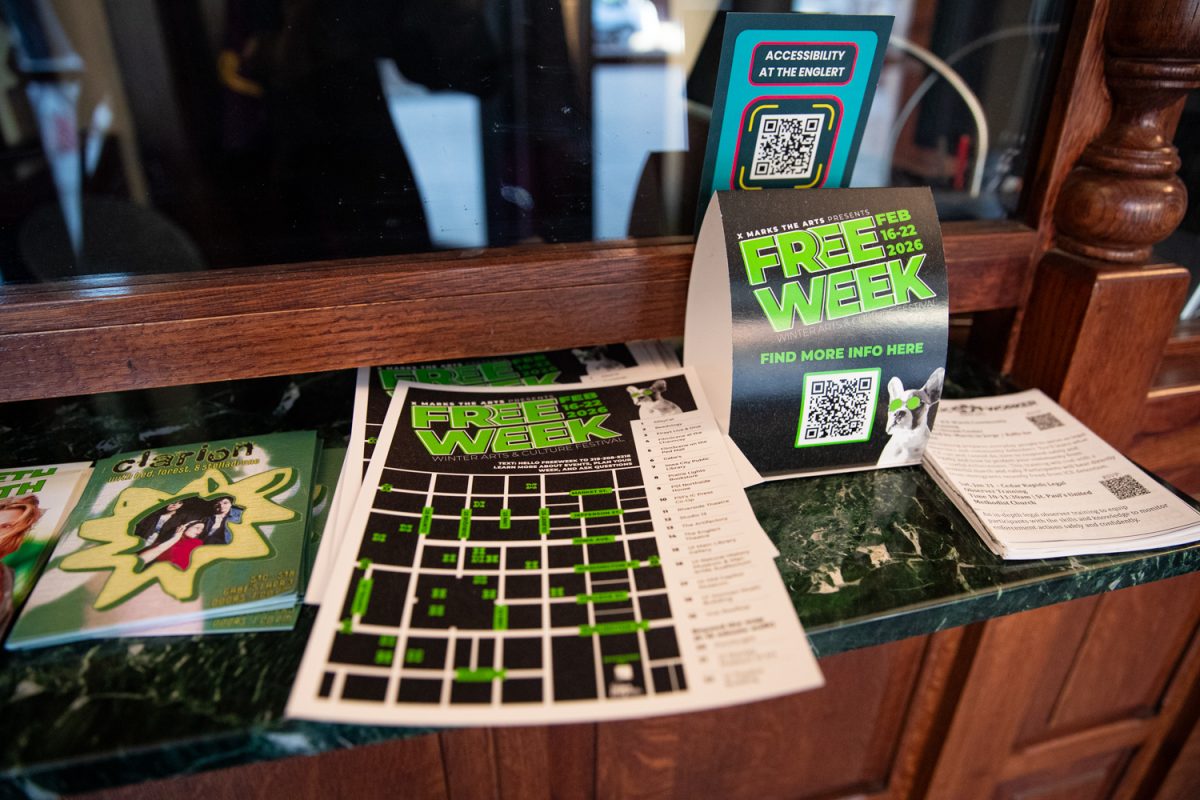 Posters for Free Week are seen at the Englert Theater on Wednesday, Feb. 11, 2026. Free Week is presented by X Marks the Arts, and will run from Feb. 16-22. (Ava Neumaier / The Daily Iowan)