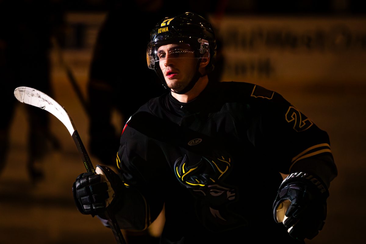Heartlander’s Anthony Firriolo makes way back to team after scoring during a hockey game between the Iowa Heartlanders and the Kalamazoo Wings at Xtream Arena in Coralville, Iowa on Wednesday, Feb. 11, 2026. The Wings defeated the Heartlanders 7-3. (Reece Schrader/The Daily Iowan)