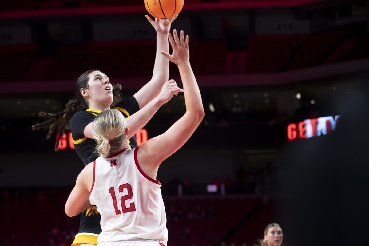 Iowa center Ava Heiden goes up for a hook shot during a women’s basketball game between the No.15 Iowa Hawkeyes and the Nebraska Cornhuskers at Pinnacle Bank Arena in Lincoln, NE, on Monday, Feb. 16, 2026. The Hawkeyes lead the Cornhuskers 45-27 at the half. Heiden led the Hawks in the first half with 18 points. (Ethan McLaughlin/The Daily Iowan)