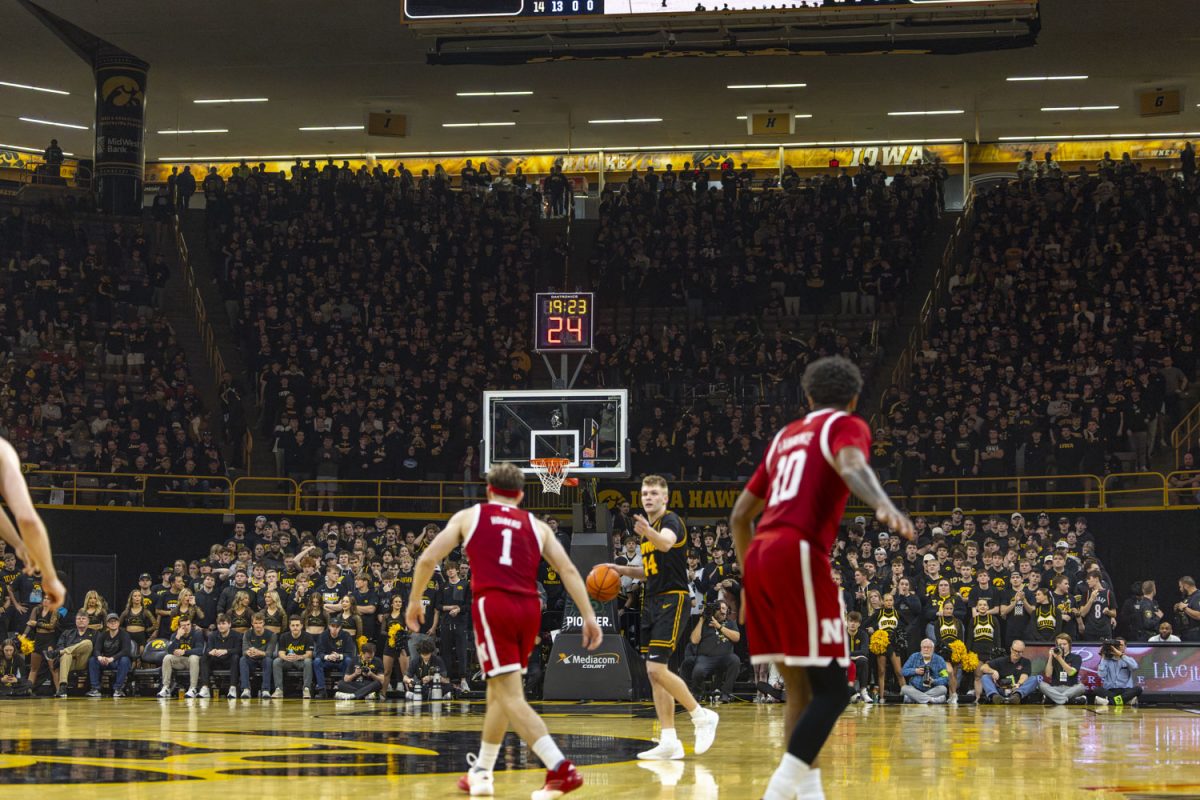 The student section is seen during a basketball game between the Iowa Hawkeyes and the No. 9 Nebraska Cornhuskers at Carver-Hawkeye Arena on Tuesday, Feb. 17, 2026. The Hawkeyes upset the Cornhuskers, 57-52. (Samantha DeFily/The Daily Iowan)