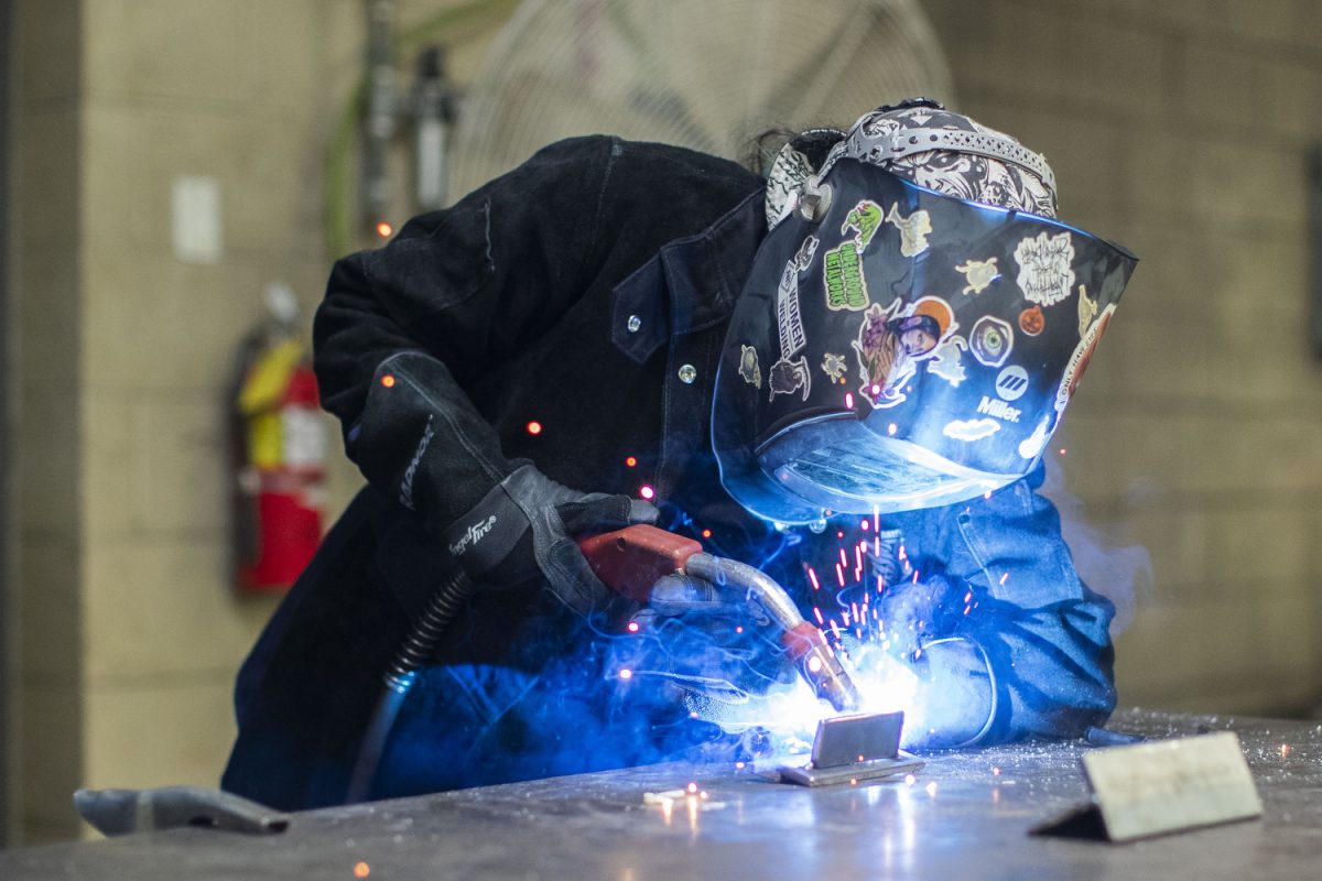 Jessica Broadwater-Olds works on a welding project in a shop at Kirkwood Community College in Cedar Rapids on Friday, Feb. 20, 2026.