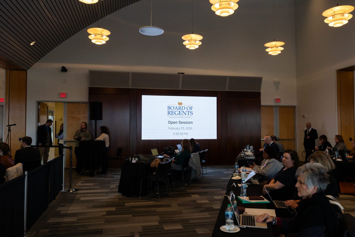 The Iowa Board of Regents begin the open session at the Levitt Center for University Management in Iowa City, Iowa on Wednesday, Feb. 25, 2026. The board has overseen the University of Northern Iowa, Iowa State University, and the University of Iowa since 1909. (Liz Sleper/The Daily Iowan)