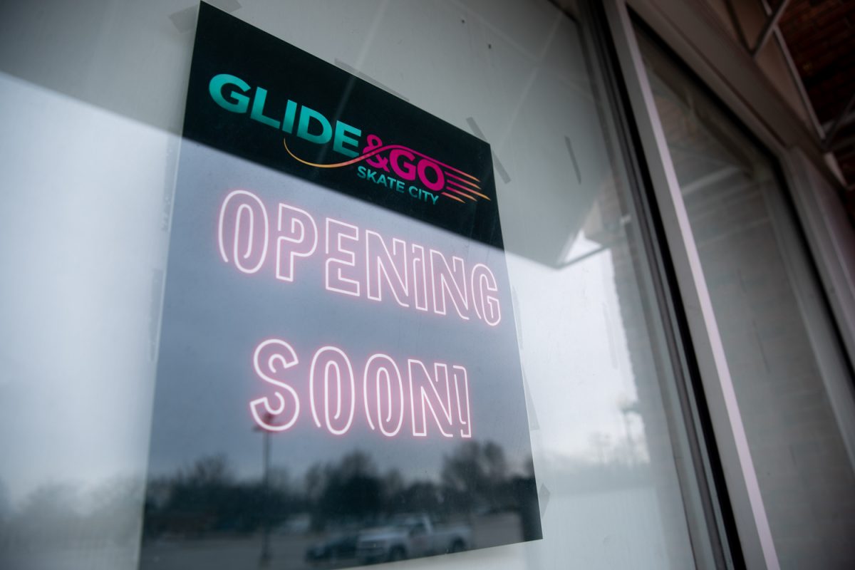 A sign posted outside of Glide & Go Skate City is seen outside of its location at the Sycamore Mall in Iowa City, IA, on Monday, Feb. 24, 2026. The facility features a 10,000 square foot skate area.