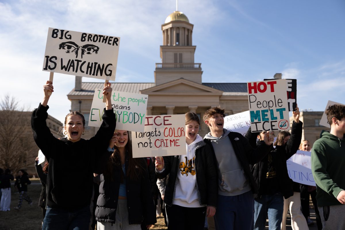 A crowd gathers to speak out against ICE at the Pentacrest in Iowa City on Thursday, Feb. 5, 2026. The protest was made up of mostly high-school and middle-school aged students. (Liz Sleper/The Daily Iowan)