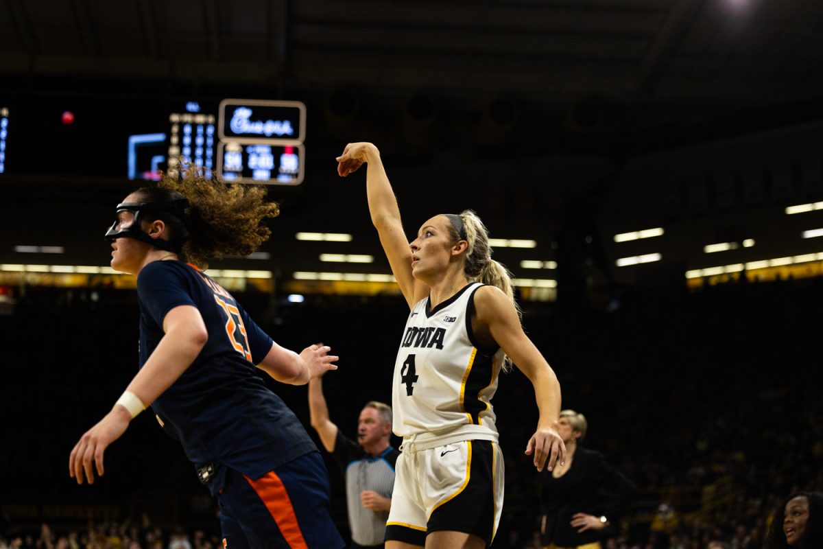 Iowa guard Kylie Feuerbach shoots 3 during a women’s basketball game between the #9 Iowa Hawkeyes vs Illinois Illini on Thursday, Feb. 26, 2026. The Hawkeyes defeated the Illini 82-78 in a comeback win. (Patrick Murphy/The Daily Iowan)