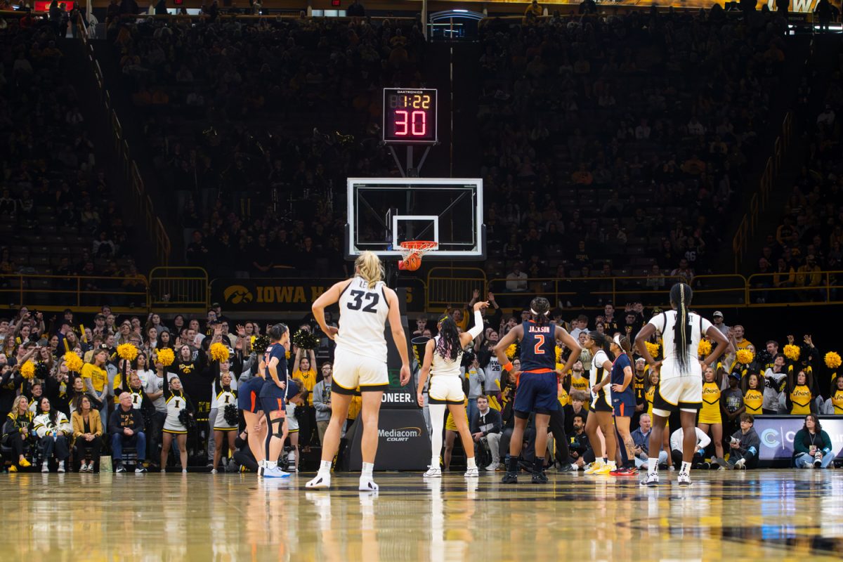 Iowa senior forward Hannah Stuelke hits a free throw at the game between No. 9 Iowa vs Illinois at Carver-Hawkeye Arena on Thursday, Feb. 26, 2026. Stuelke came back from the injury and played the rest of the game, putting up 18 points. Iowa scraped by Illinois 82-78 to propel them to a record of 23-5. (Travis Crabb/The Daily Iowan).