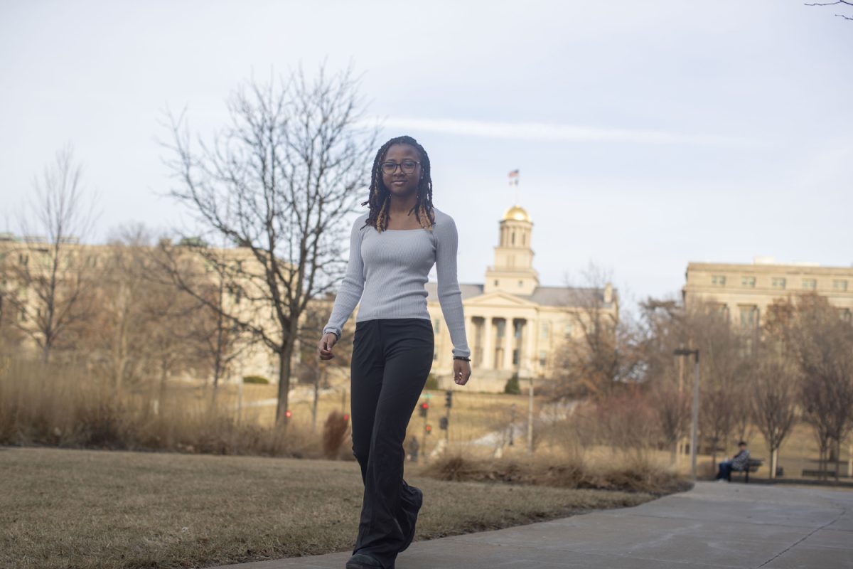 Iowa first-year Kanasia Truitt poses for portrait in front of the Old Capitol in Iowa City on Feb. 9. Truitt has attended events for MISSIE and prioritized attending welcome week events.