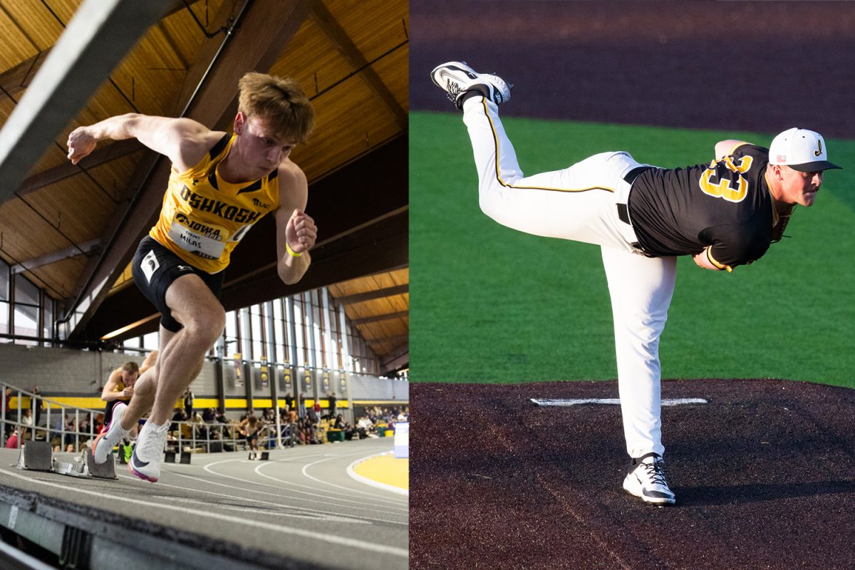 (LEFT) Wisconsin-Oshkosh runner Nolan Milas starts sprint for 200m during the Iowa Open meet at the Hawkeye Indoor Track Facility on Feb. 20, 2026. (Patrick Murphy/The Daily Iowan) (RIGHT) Iowa pitcher Justin Hackett in the middle of a pitch during a baseball game between Iowa and Illinois State at Duane Banks Baseball Stadium in Iowa City on Tuesday, April 29, 2025. (Samantha DeFily/The Daily Iowan)