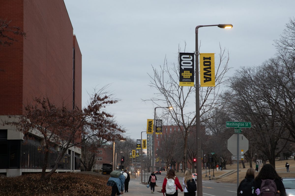 Flyers near Iowa Memorial Union, Iowa City, IA, say “100 Iowa Memorial Union Centennial Celebration 2926-2026”. Photo taken on Tuesday, Mar. 3, 2026. Flyers are hung around The University of Iowa campus to catch the eyes of students and visitors. (Sal Yang/The Daily Iowan)