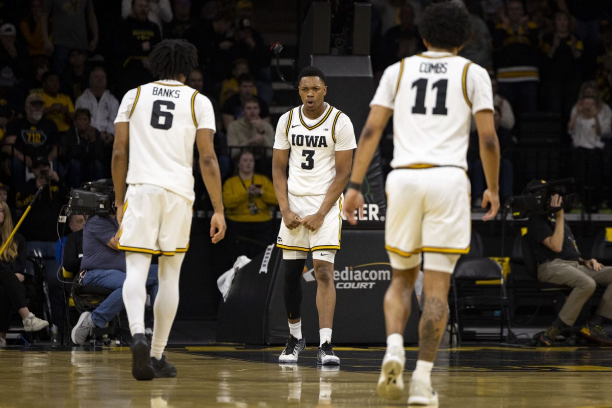 Iowa forward Cam Manyawu celebrates during a men’s basketball game between the Iowa Hawkeyes and University of Michigan Wolverines at Carver-Hawkeye Arena on Thursday, March 5, 2026. The Wolverines defeated the Hawkeyes, 71-68. (Samantha DeFily/The Daily Iowan)