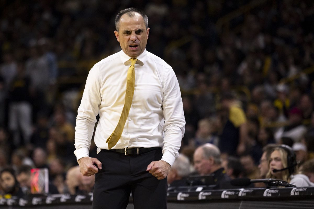 Iowa head coach Ben McCollum yells out during a men’s basketball game between the Iowa Hawkeyes and University of Michigan Wolverines at Carver-Hawkeye Arena on Thursday, March 5, 2026. The Wolverines defeated the Hawkeyes, 71-68. (Samantha DeFily/The Daily Iowan)