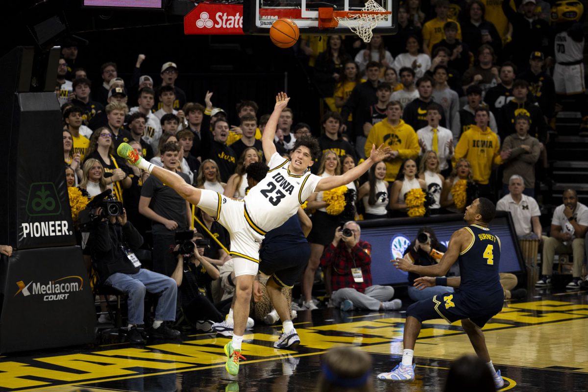 Iowa guard Isaia Howard attempts to block a layup during a men’s basketball game between the Iowa Hawkeyes and University of Michigan Wolverines at Carver-Hawkeye Arena on Thursday, March 5, 2026. The Wolverines defeated the Hawkeyes, 71-68. (Samantha DeFily/The Daily Iowan)