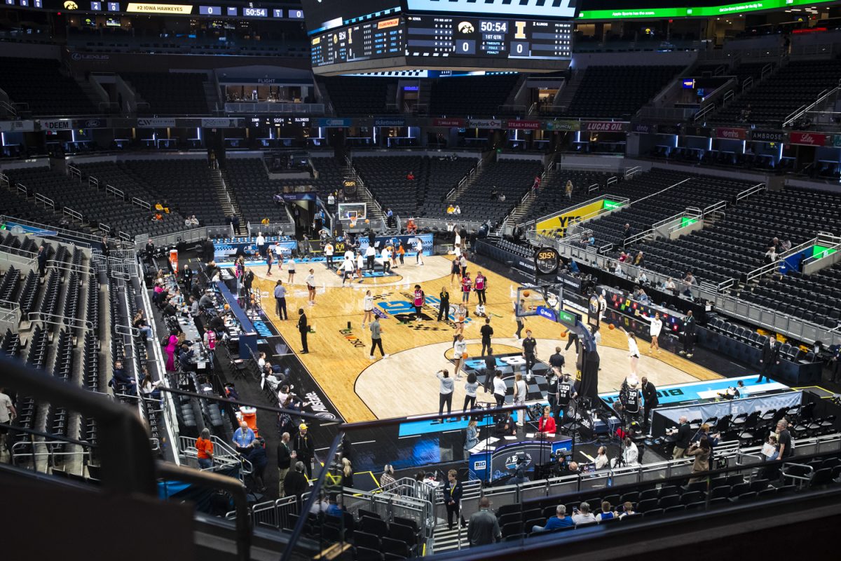 Iowa players warm up before a basketball game between No. 9 Iowa and Illinois at the Big Ten Women’s Basketball Tournament at Gainbridge Fieldhouse in Indianapolis on Friday, March 6, 2026.
