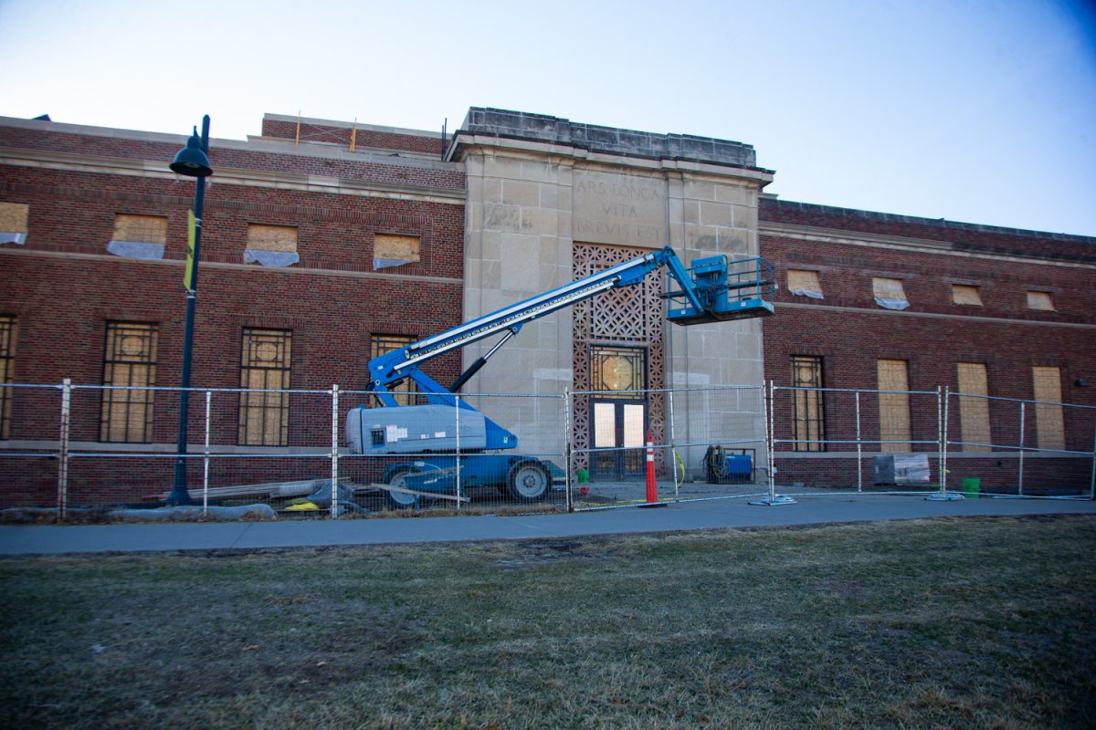 The former art building at the University of Iowa is seen under construction on Sunday, March 8, 2026. The building was flooded in 2008 and is expected to reopen in fall 2026.