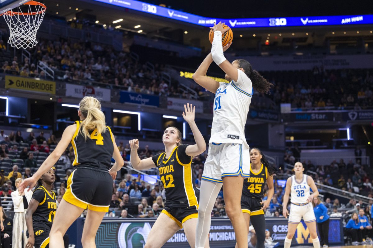 UCLA center Lauren Betts shoots a layup during a championship basketball game between second-seeded Iowa and first-seeded UCLA at the Big Ten Women’s Basketball Tournament at Gainbridge Fieldhouse in Indianapolis on Sunday, March 8, 2026.