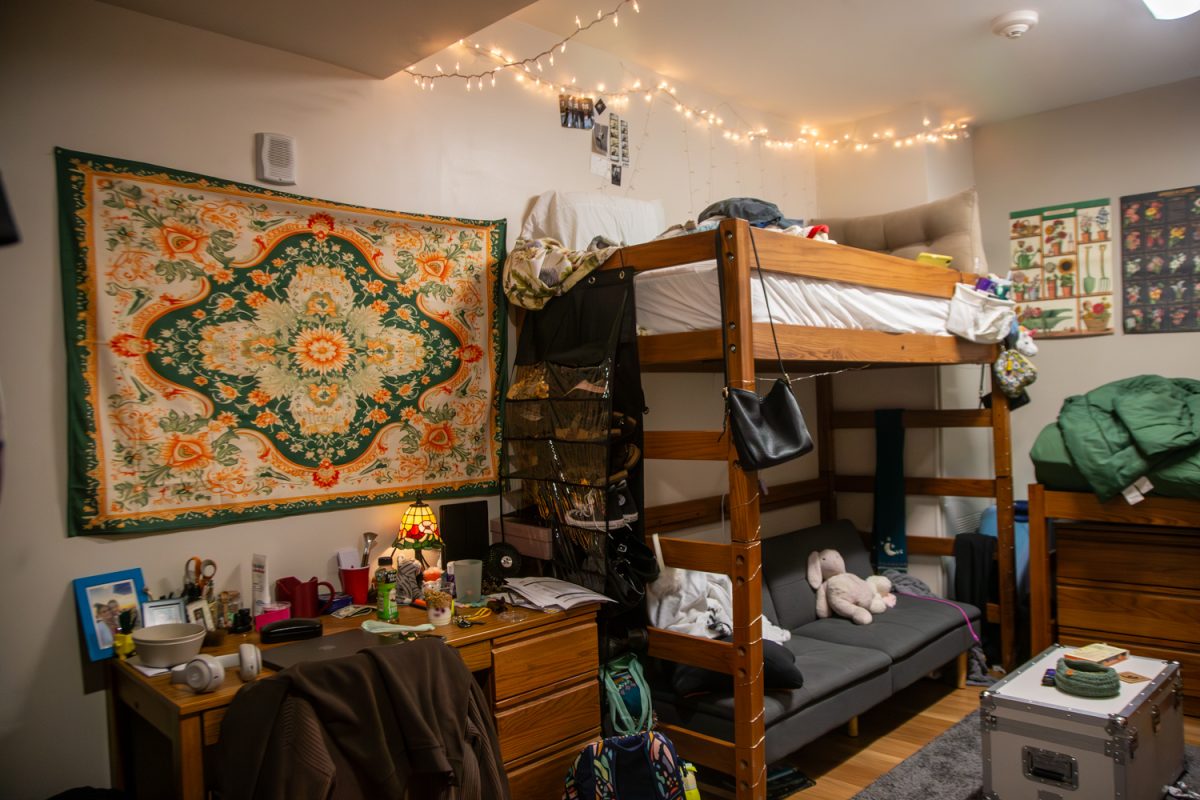 The dorm room of a student living at the University of Iowa's Arts Living Learning Community in Catlett Hall is seen in Iowa City, Iowa, on Monday, March 9, 2026. Students living at the LLC decorate their dorm rooms with lights, tapestry, and their art works. The LLC provides opportunities for students to meet and learn from like-minded artists.