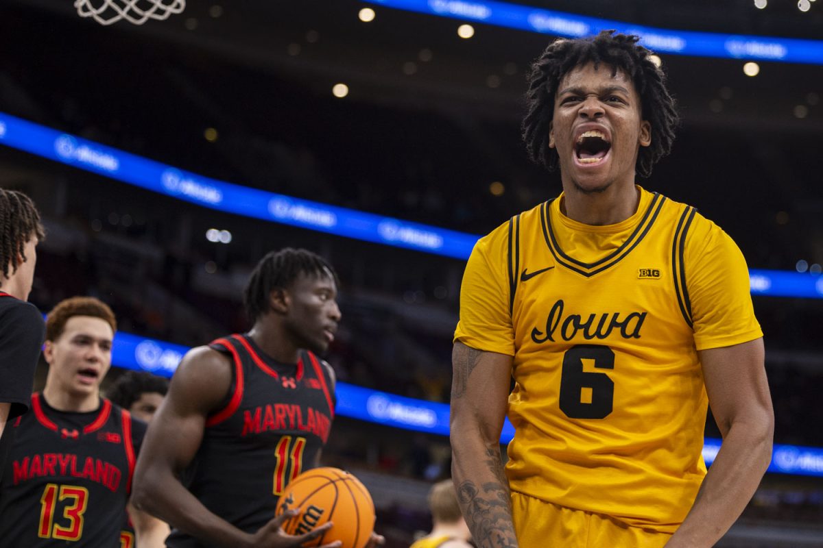 Iowa guard Tavion Banks yells out during a basketball game between the No. 9 seed Iowa Hawkeyes and the No. 17 seed Maryland Terrapins at the United Center in Chicago, Illinois on Wednesday, March 11, 2026. The Hawkeyes defeated the Terrapins, 75-64.