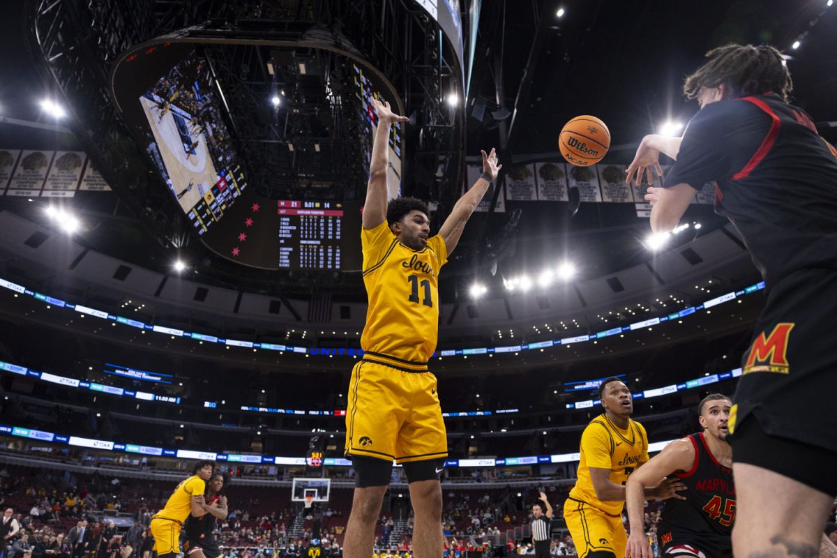 …during a basketball game between the No. 9 seed Iowa Hawkeyes and the No. 17 seed Maryland Terrapins at the United Center in Chicago, Illinois on Wednesday, March 11, 2026. The Hawkeyes defeated the Terrapins, 75-64.