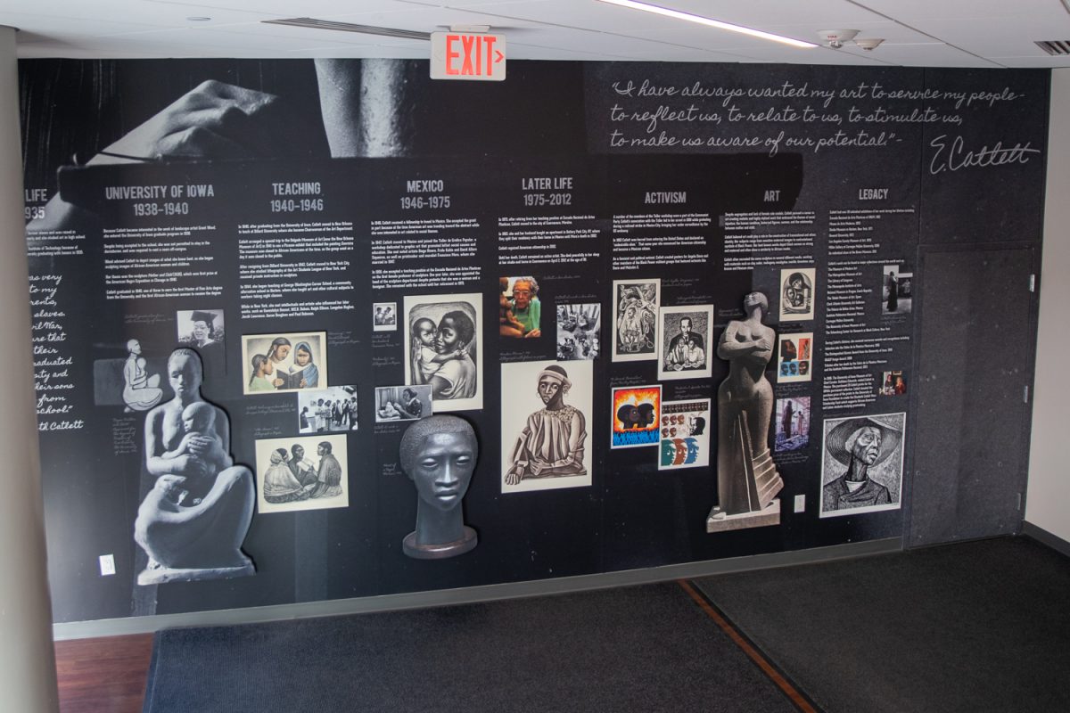Information along with art pieces about Elizabeth Catlett’s life is seen in Catlett Residence Hall in Iowa City, Iowa, on Wednesday, March 11, 2026. The residence hall is named after Elizabeth Catlett who is the first African American woman to get her Master in Fine Arts from the University of Iowa in 1940. (Andy Espineira/The Daily Iowan)