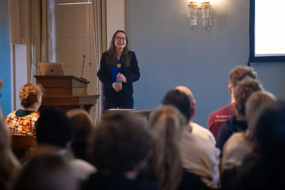 Dr. Emily Wilson speaks in the Old Capitol Senate Chamber during a talk on Thursday, March 12, 2026. Wilson was the first woman to translate The Odyssey, and gave a lecture on the intricacies of translation. After the talk, she signed books in the Old Capitol hallway. (Ava Neumaier / The Daily Iowan)