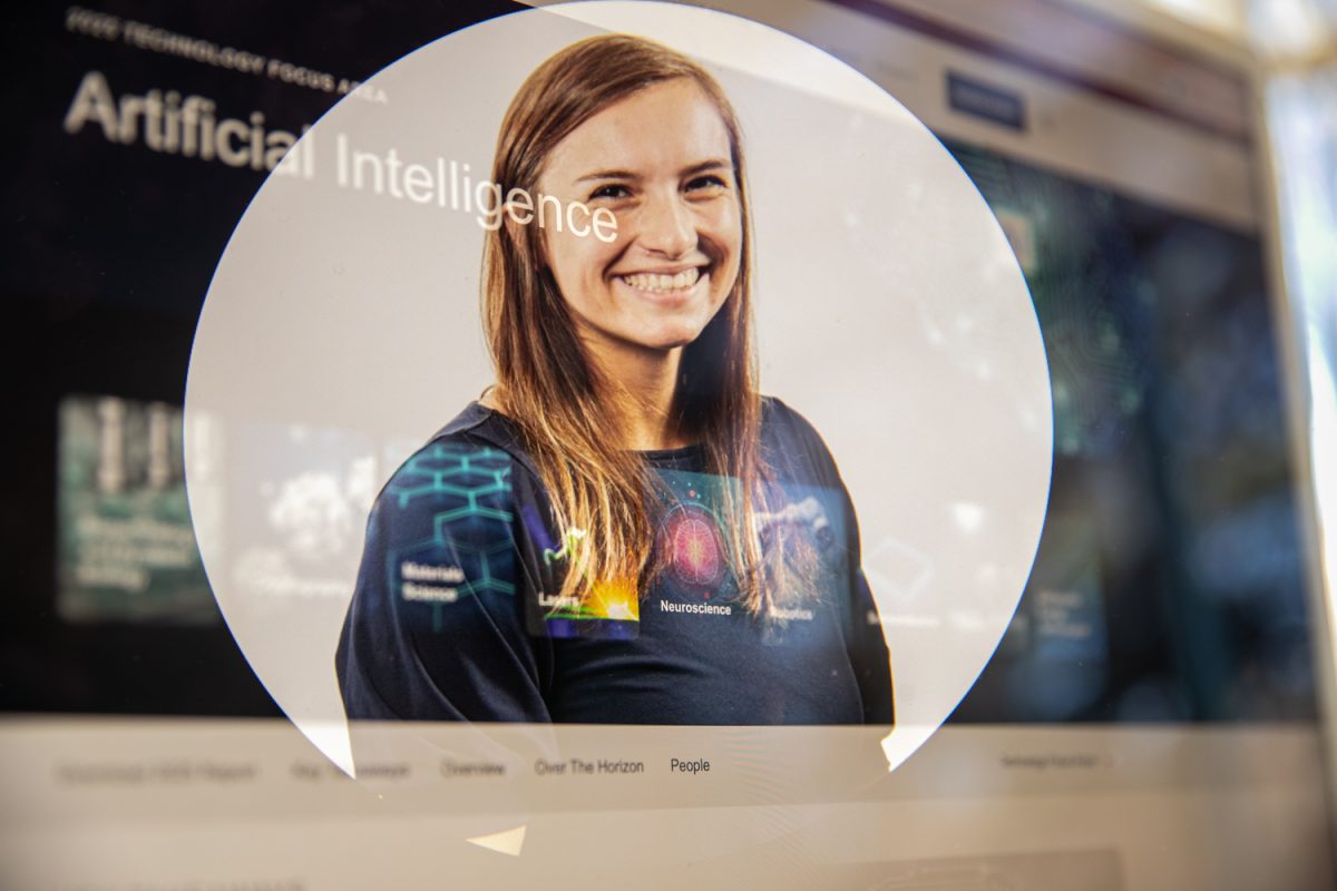 Maddi Brenner is being interviewed about the AI lightning talks on Thursday, March 12, 2026. During AI lightning talks, this group focuses on topics such as the latest AI trends, tools that AI is used for, practical uses of AI, and much more. (Dexter Westbay/The Daily Iowan).