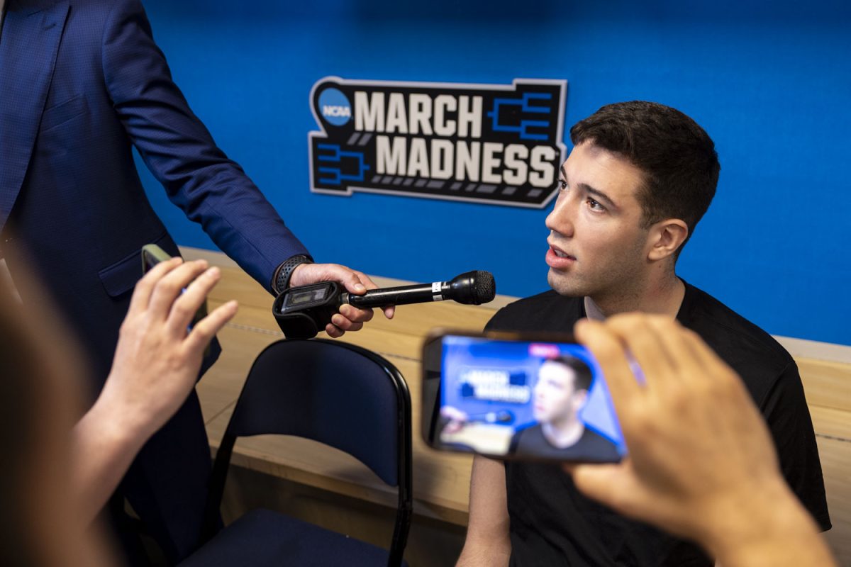 Iowa forward Alvaro Folgueiras speaks with reporters during open practice and media availability with the No. 9 seed Iowa Hawkeyes and the No. 8 seed Clemson Tigers at the Benchmark International Arena in Tampa, Florida on Thursday, March 19, 2026. The Hawkeyes and Tigers will face off on Friday, March 20, at 5:50pm CST. (Samantha DeFily/The Daily Iowan)