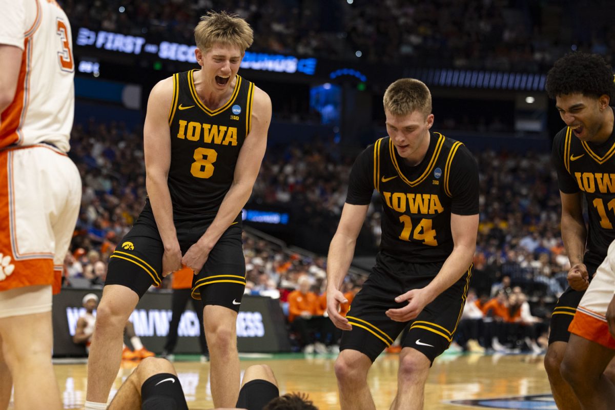 Iowa forward Cooper Koch yells out during a basketball game between the No. 9 seed Iowa Hawkeyes and the No. 8 seed Clemson Tigers at the Benchmark International Arena in Tampa, Florida on Friday, March 20, 2026. The Hawkeyes defeated the Tigers, 67-61. (Samantha DeFily/The Daily Iowan)