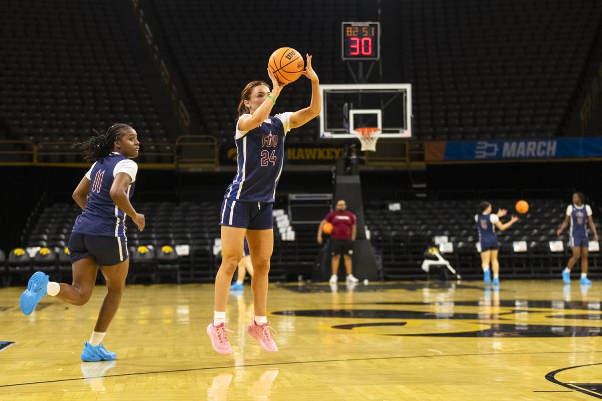 Fairleigh Dickinson Knights guard Kailee McDonald (24) shoots a three during an open practice at Carver-Hawkeye Arena on Friday, March 20, 2026. Iowa will face Farleigh Dickinson on Saturday at Carver-Hawkeye Arena.