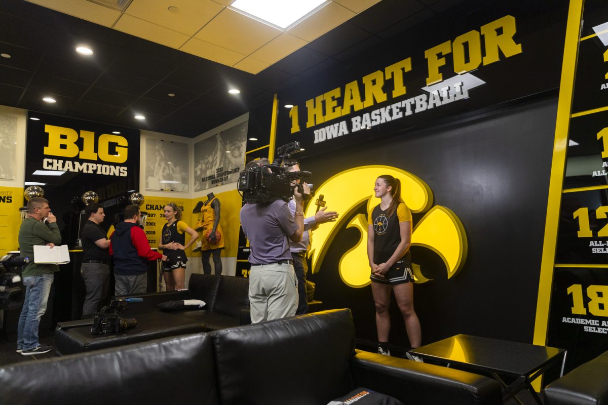 Iowa guard Kylie Feuerbach and Iowa guard Taylor Stremlow speak with media during an open practice at Carver-Hawkeye Arena on Friday, March 20, 2026. Iowa will face Farleigh Dickinson on Saturday at Carver-Hawkeye Arena.