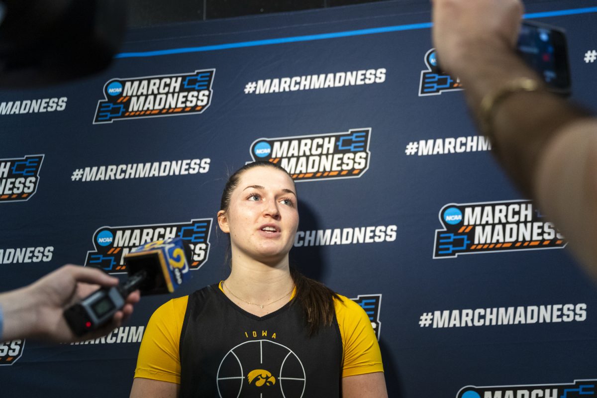 Iowa guard Taylor Stremlow speaks with media during an open practice at Carver-Hawkeye Arena on Friday, March 20, 2026. Iowa will face Farleigh Dickinson on Saturday at Carver-Hawkeye Arena.