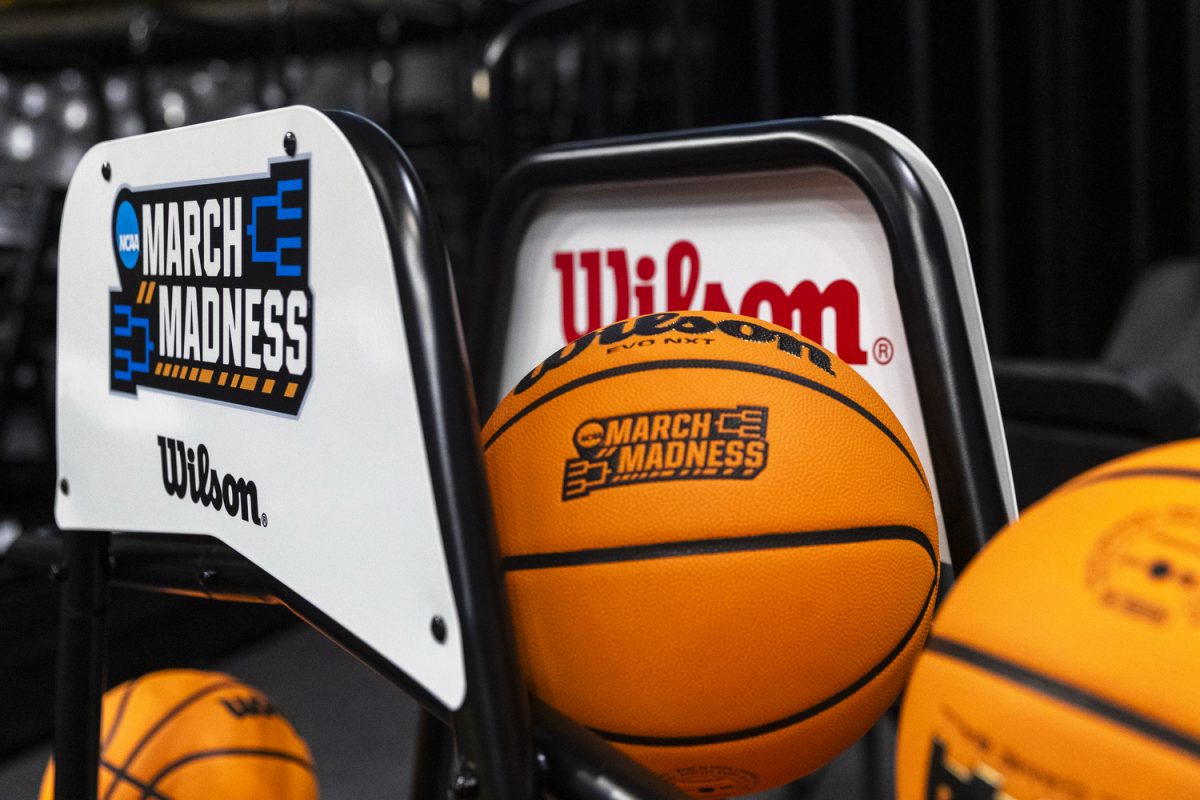 Basketballs rest during an open practice at Carver-Hawkeye Arena on Friday, March 20, 2026. Iowa will face Farleigh Dickinson on Saturday at Carver-Hawkeye Arena.