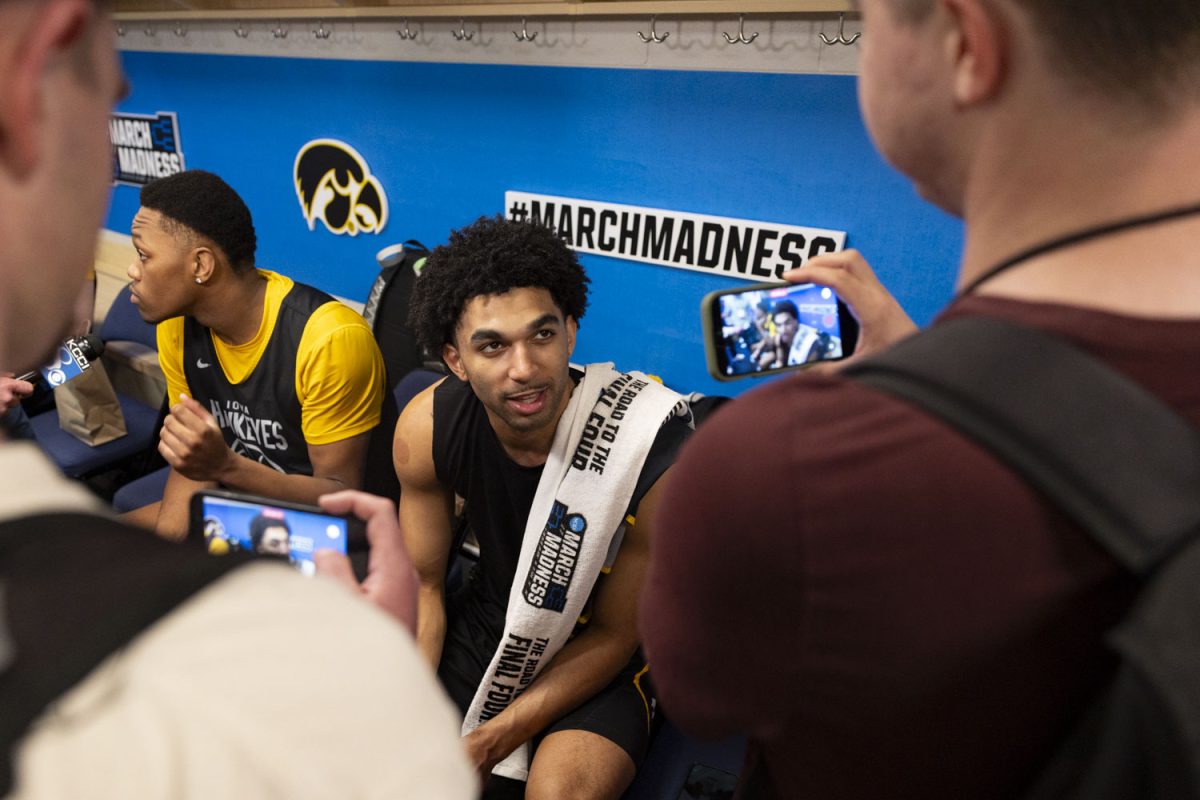 Iowa guard Kael Combs speaks with reporters during media availability with the No. 9 seed Iowa Hawkeyes and the No. 1 seed Florida Gators at the Benchmark International Arena in Tampa, Florida on Saturday, March 21, 2026. The Hawkeyes and Gators will face off on Sunday, March 22, at 6:10pm CST. (Samantha DeFily/The Daily Iowan)
