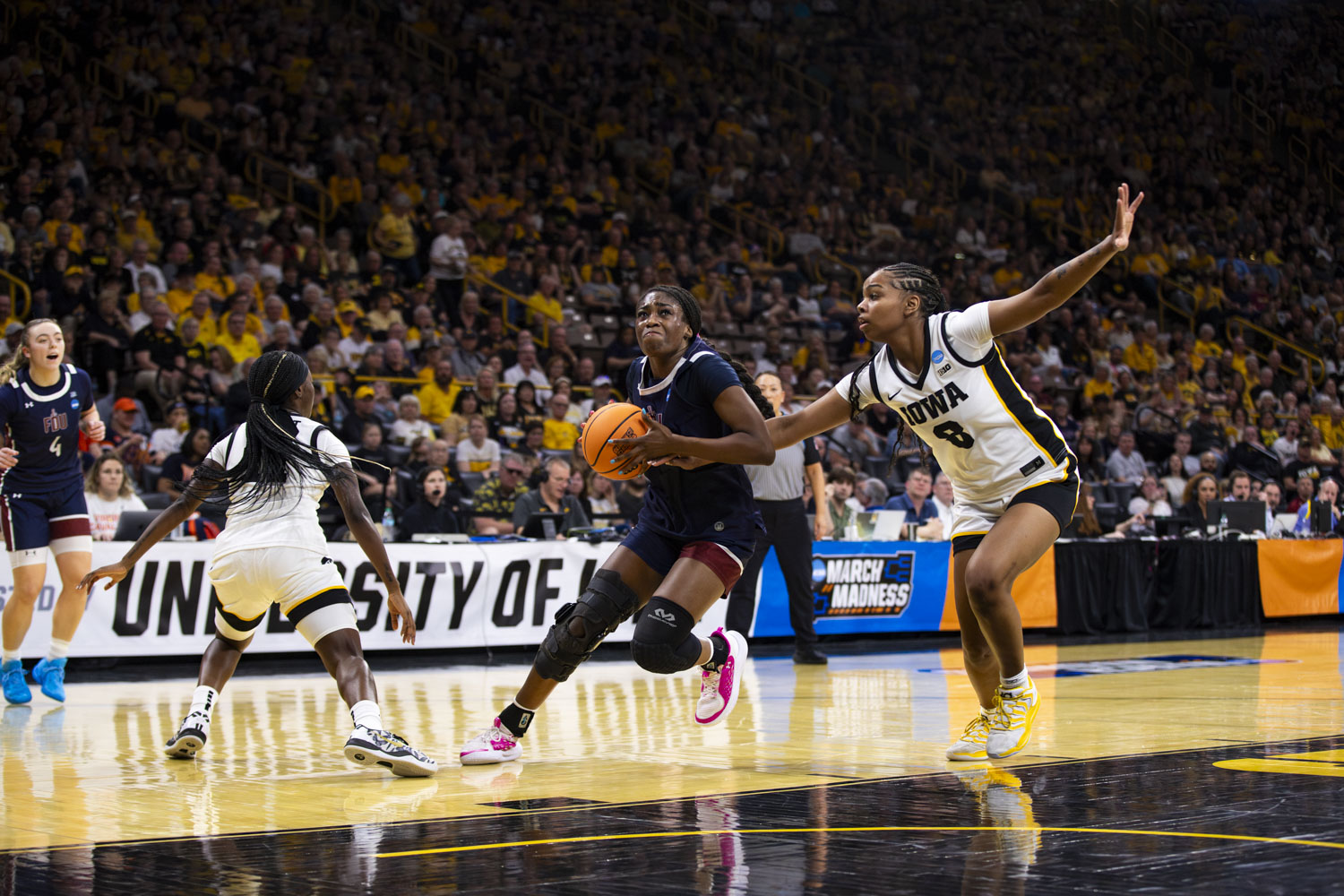 Fairleigh Dickinson Knights guard Theresa Biladi (1) drives to the basket during a basketball game between the No. 2 seed Iowa Hawkeyes and the No. 15 seed Fairleigh Dickinson Knights at Carver-Hawkeye Arena in Iowa City, Iowa, on Saturday, March 21, 2026. The Hawkeyes defeated the Knights, 58-48. (Emma Calabro/The Daily Iowan)