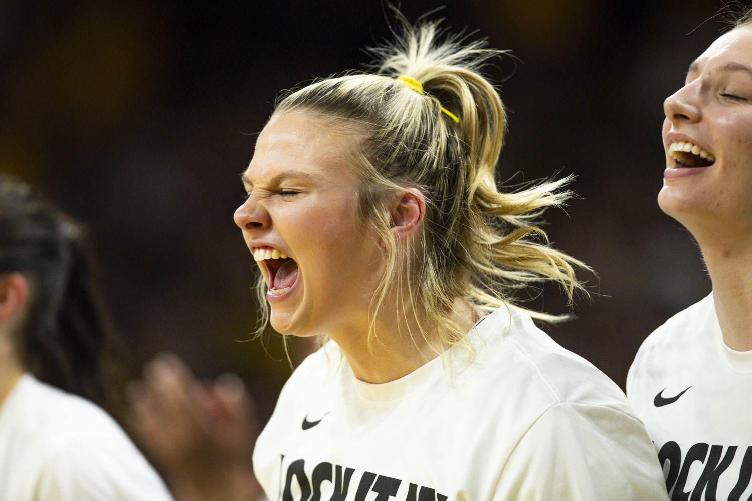 Iowa Hawkeyes guard Callie Levin (32) cheers during a basketball game between the No. 2 seed Iowa Hawkeyes and the No. 15 seed Fairleigh Dickinson Knights at Carver-Hawkeye Arena in Iowa City, Iowa, on Saturday, March 21, 2026. The Hawkeyes defeated the Knights, 58-48. (Emma Calabro/The Daily Iowan)