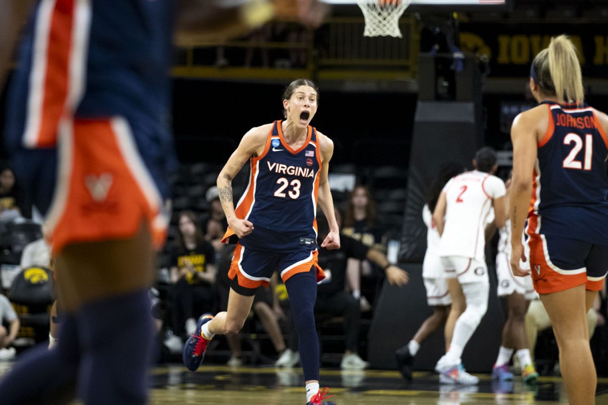 Virginia guard Romi Levy celebrates after scoring a point off of a turnover during a basketball game between the No. 7 seed Georgia and the No. 10 seed Virginia at Carver-Hawkeye Arena in Iowa City, Iowa, on Saturday, March 21, 2026.
