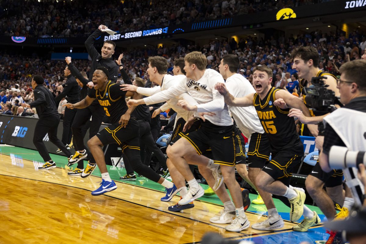 The bench runs after a basketball game between the No. 9 seed Iowa Hawkeyes and the No. 1 seed Florida Gators at the Benchmark International Arena in Tampa, Florida on Sunday, March 22, 2026. The Hawkeyes defeated the Gators, 73-72.