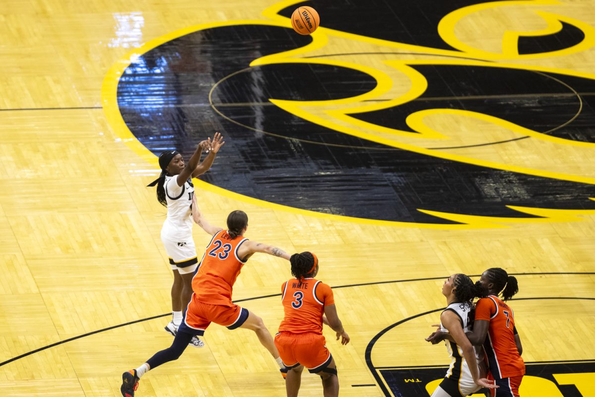 Iowa Hawkeyes guard Chazadi Wright (11) shoots during a second-round NCAA women’s basketball tournament game between the No. 2 seed Iowa Hawkeyes and the No. 7 seed Virginia Cavaliers at Carver-Hawkeye Arena in Iowa City on Monday, March 23, 2026.