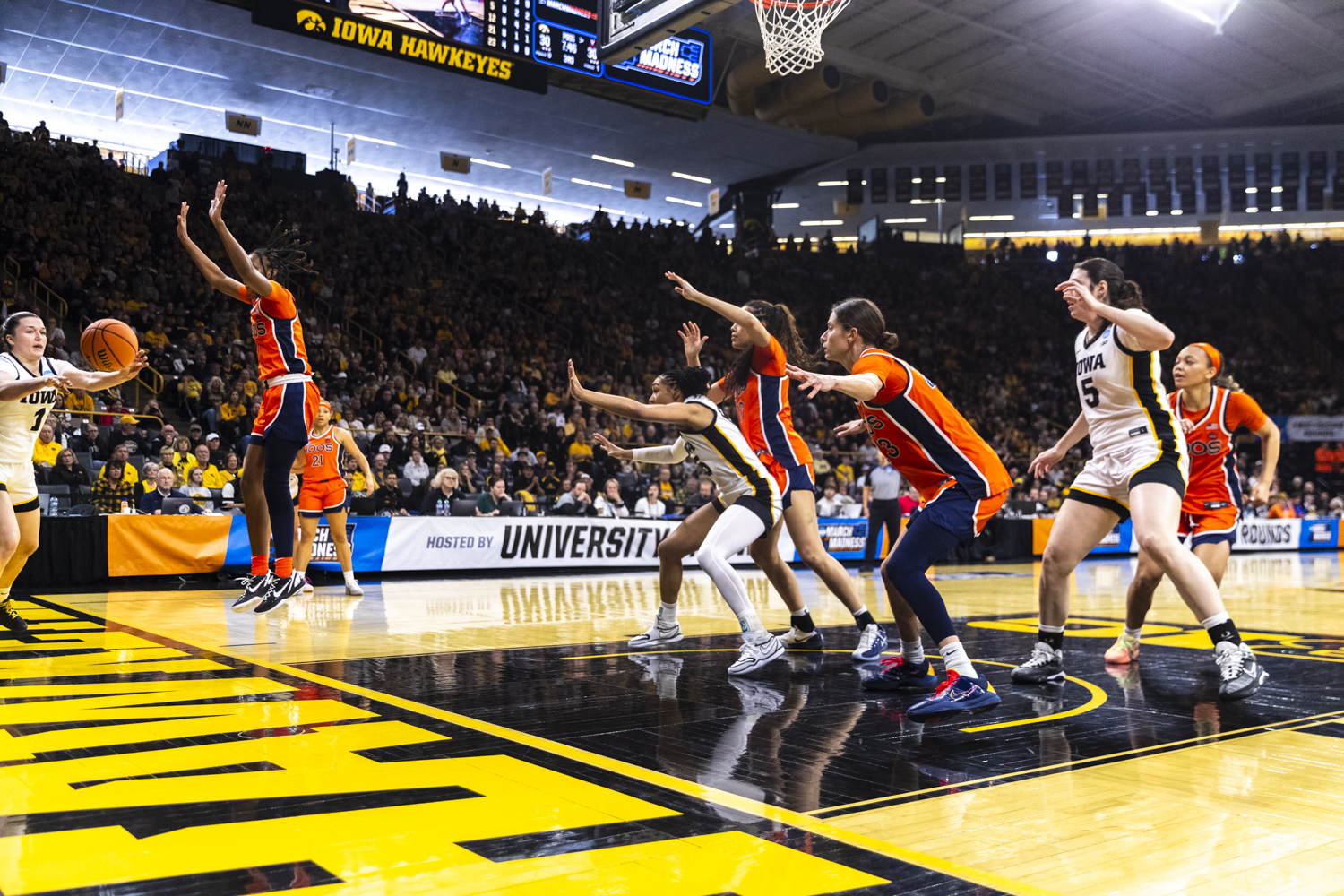 Iowa Hawkeyes guard Taylor Stremlow (1) inbounds the ball during a second-round NCAA women’s basketball tournament game between the No. 2 seed Iowa Hawkeyes and the No. 10 seed Virginia Cavaliers at Carver-Hawkeye Arena in Iowa City on Monday, March 23, 2026. The Cavaliers defeated the Hawkeyes, 83-75.