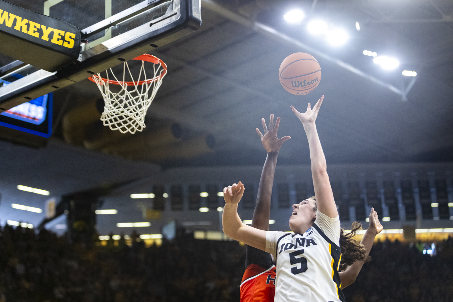 Iowa Hawkeyes center Ava Heiden (5) shoots the ball during a second-round NCAA women’s basketball tournament game between the No. 2 seed Iowa Hawkeyes and the No. 10 seed Virginia Cavaliers at Carver-Hawkeye Arena in Iowa City on Monday, March 23, 2026. The Cavaliers defeated the Hawkeyes, 83-75.