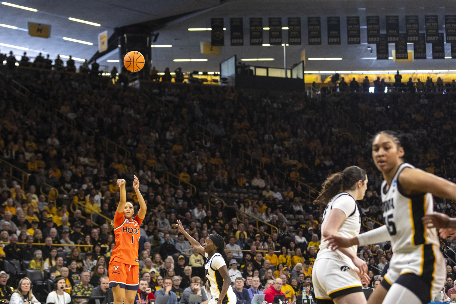 Virginia Cavaliers guard Paris Clark (1) shoots the ball during a second-round NCAA women’s basketball tournament game between the No. 2 seed Iowa Hawkeyes and the No. 10 seed Virginia Cavaliers at Carver-Hawkeye Arena in Iowa City on Monday, March 23, 2026. The Cavaliers defeated the Hawkeyes, 83-75.
