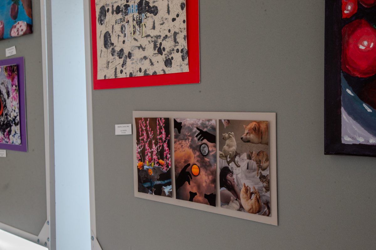 Liberty High School Freshman artists Lilly Meyer’s piece, titled “Rebirth, Control, Rest” is seen on Tuesday, March 24, 2026. Meyer’s school was one of 27 school district that participated in the event at the Hancher Auditorium.