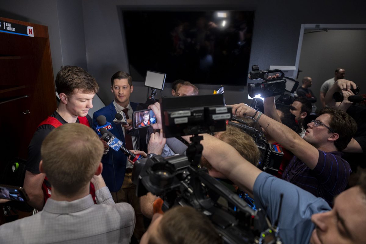 Nebraska forward Pryce Sandfort speaks with reporters during media availability with the No. 9 seed Iowa Hawkeyes and the No. 4 seed Nebraska Cornhuskers at the Toyota Center in Houston, Texas on Wednesday, March 25, 2026. The Hawkeyes and Cornhuskers will face off on Thursday, March 26, at 6:30pm CST. (Samantha DeFily/The Daily Iowan)
