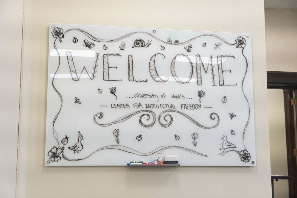 A whiteboard is seen in the Center for Intellectual Freedom office in Calvin Hall on March 26, 2026. (Isabella Tisdale/The Daily Iowan)