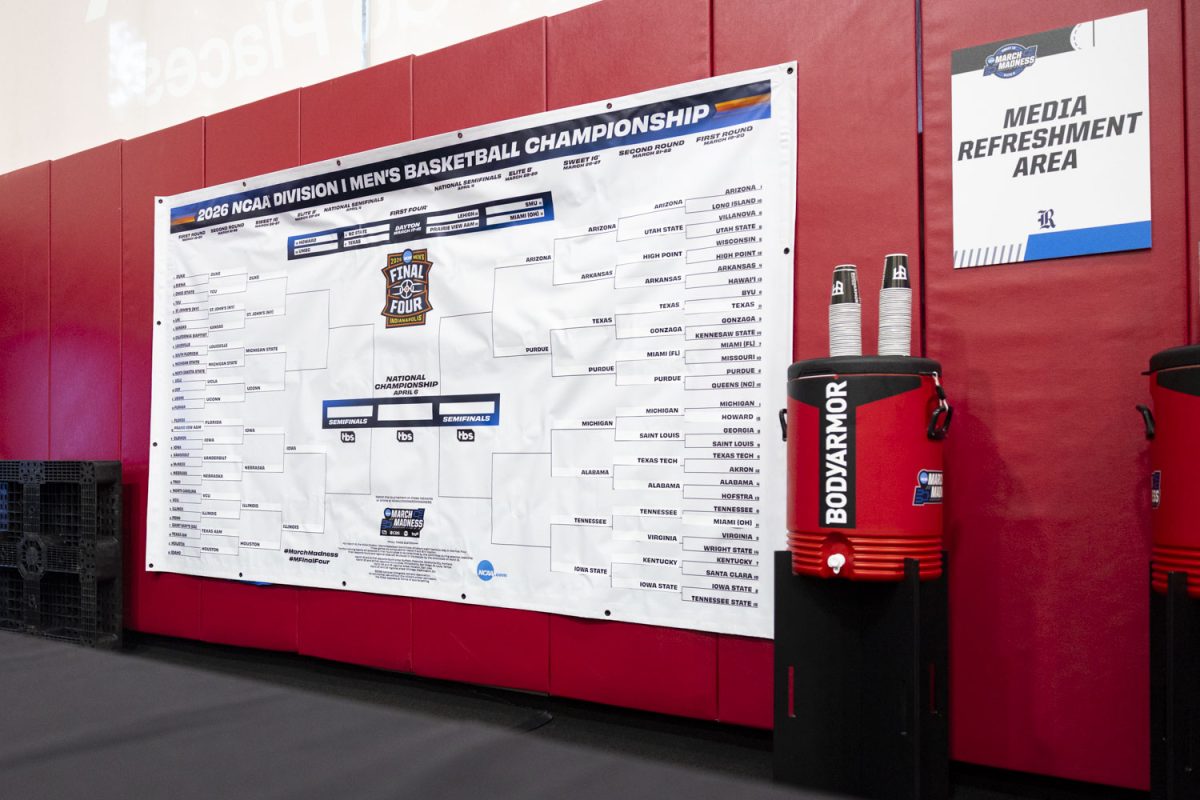 The 2026 NCAA Division I Men’s Basketball Championship bracket is seen during media availability with the No. 9 seed Iowa Hawkeyes and the No. 3 seed Illinois Fighting Illini at the Toyota Center in Houston, Texas on Friday, March 27, 2026. The Hawkeyes and Fighting Illini will face off on Saturday, March 28, at 5:09pm CST. (Samantha DeFily/The Daily Iowan)