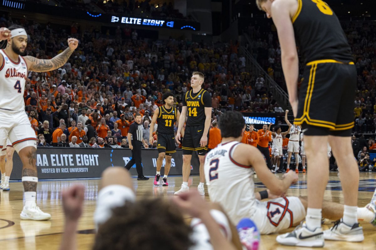 Iowa guard Bennett Stirtz looks off into the distance during a basketball game between the No. 9 seed Iowa Hawkeyes and the No. 3 seed Illinois Fighting Illini at the Toyota Center in Houston, Texas on Saturday, March 28, 2026. The Hawkeyes fell to the Fighting Illini, 71-59. (Samantha DeFily/The Daily Iowan)