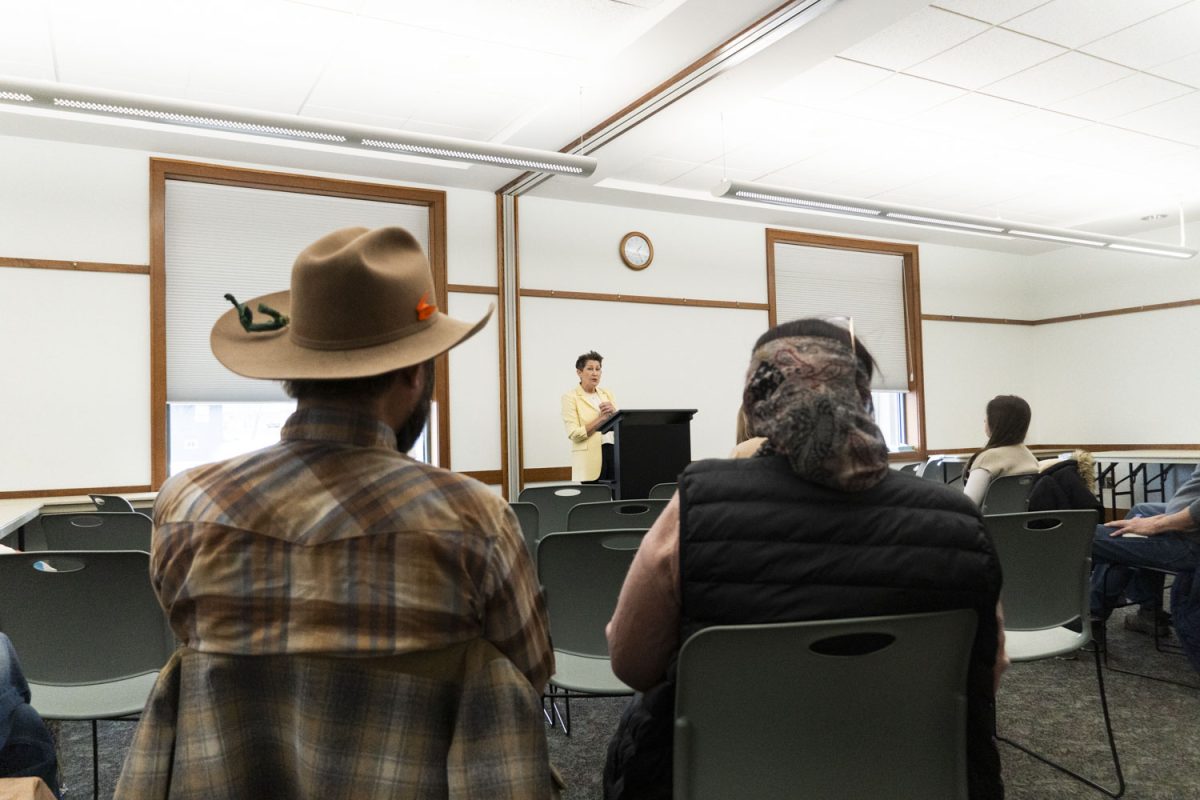 John Green and Mazahir Salih watch as Janet Godwin speaks during District 2 Democratic supervisor meetup at the Solon Public Library in Solon on Saturday, March 28. The event was hosted by the Johnson County Democrats and featured the three Democratic candidates running in the district. 